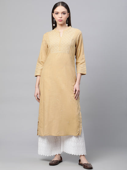 Beige Cotton Chikankari Straight Kurta