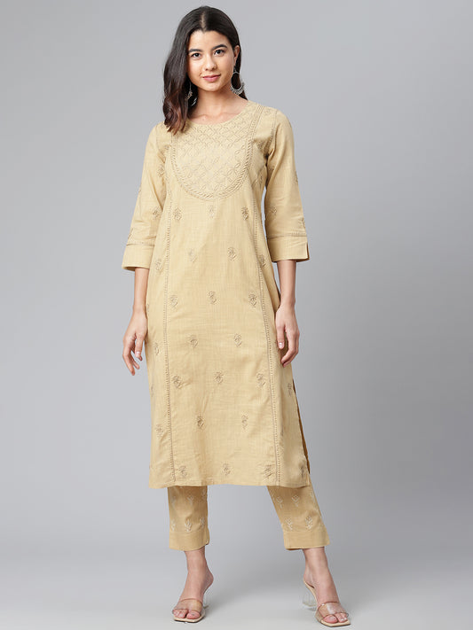 Beige Slub Kurta with Round Yoke