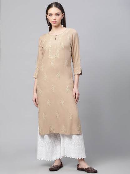 Beige Chikankari Kurta with Pockets
