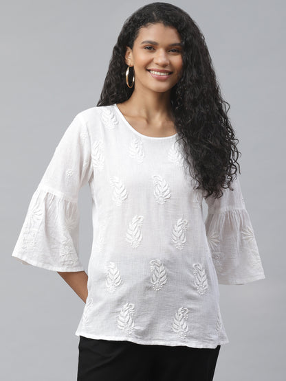 Off White Embroidered Top with Ruffled Sleeves