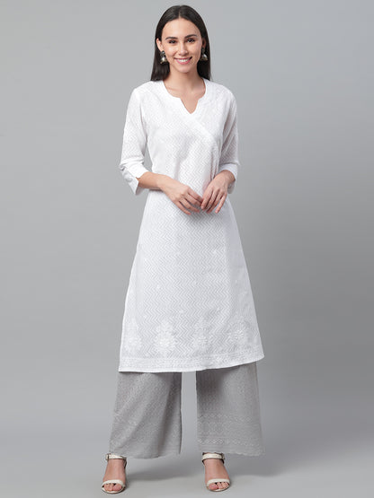 White Embroidered Dobby Angarkha Style Kurta