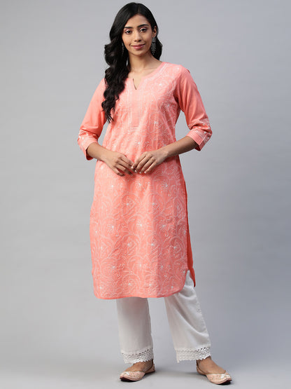 Peach Round Hem Kurta with All-Over Embroidery