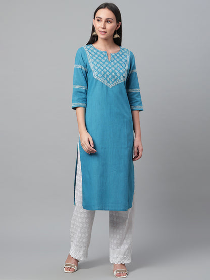 Blue Ikat Straight Chikankari Kurta
