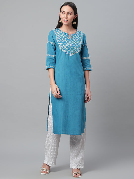 Blue Ikat Straight Chikankari Kurta