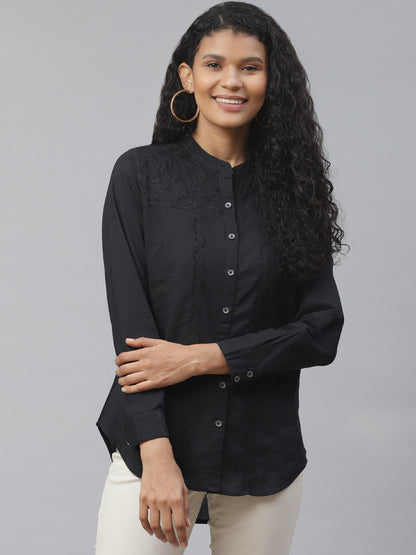 Black Chikankari Embroidered Casual Shirt