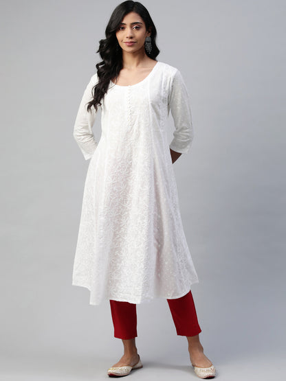 White Anarkali Dobby Hand-Embroidered Kurta
