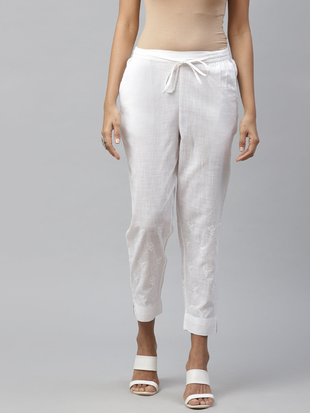 White Cotton Embroidered Slim Fit Pants