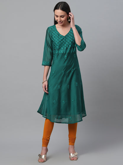 Bottle Green Chanderi A-Line Kurta With Tassels