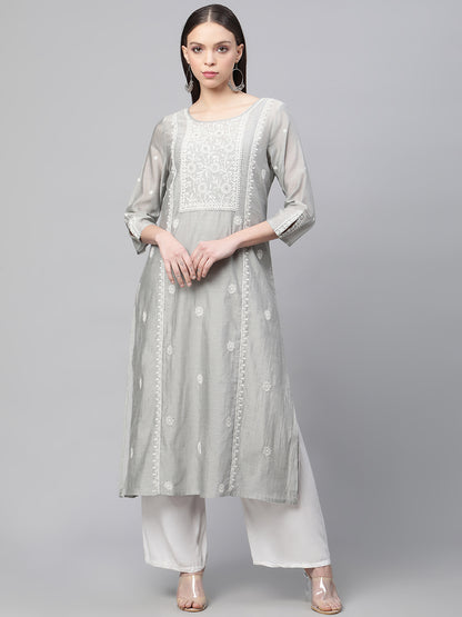 CHKA243GY  Grey Chanderi Silk Chikankari Kurta