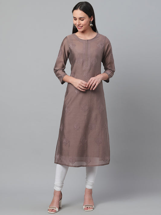 Taupe Chikankari Silk Festive Kurta