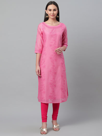 Pink Silk Chikankari Boat Neck Kurta