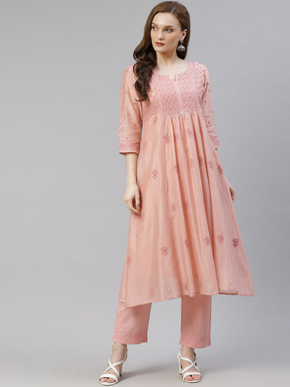 Rose Pink Chikankari Gathered Long Kurta