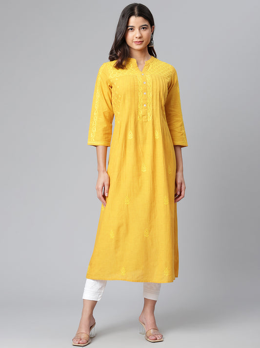 Mustard Mangalgiri Embroidered Kurta