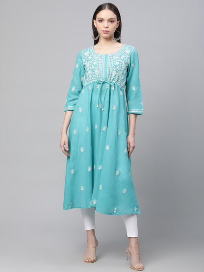 Blue Chikankari A-line Kurta with Waist Tie-Ups