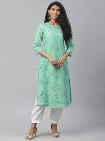 Green Chanderi Boat Neck Embroidered Kurta