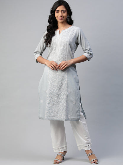 Grey Chikankari Straight Kurta