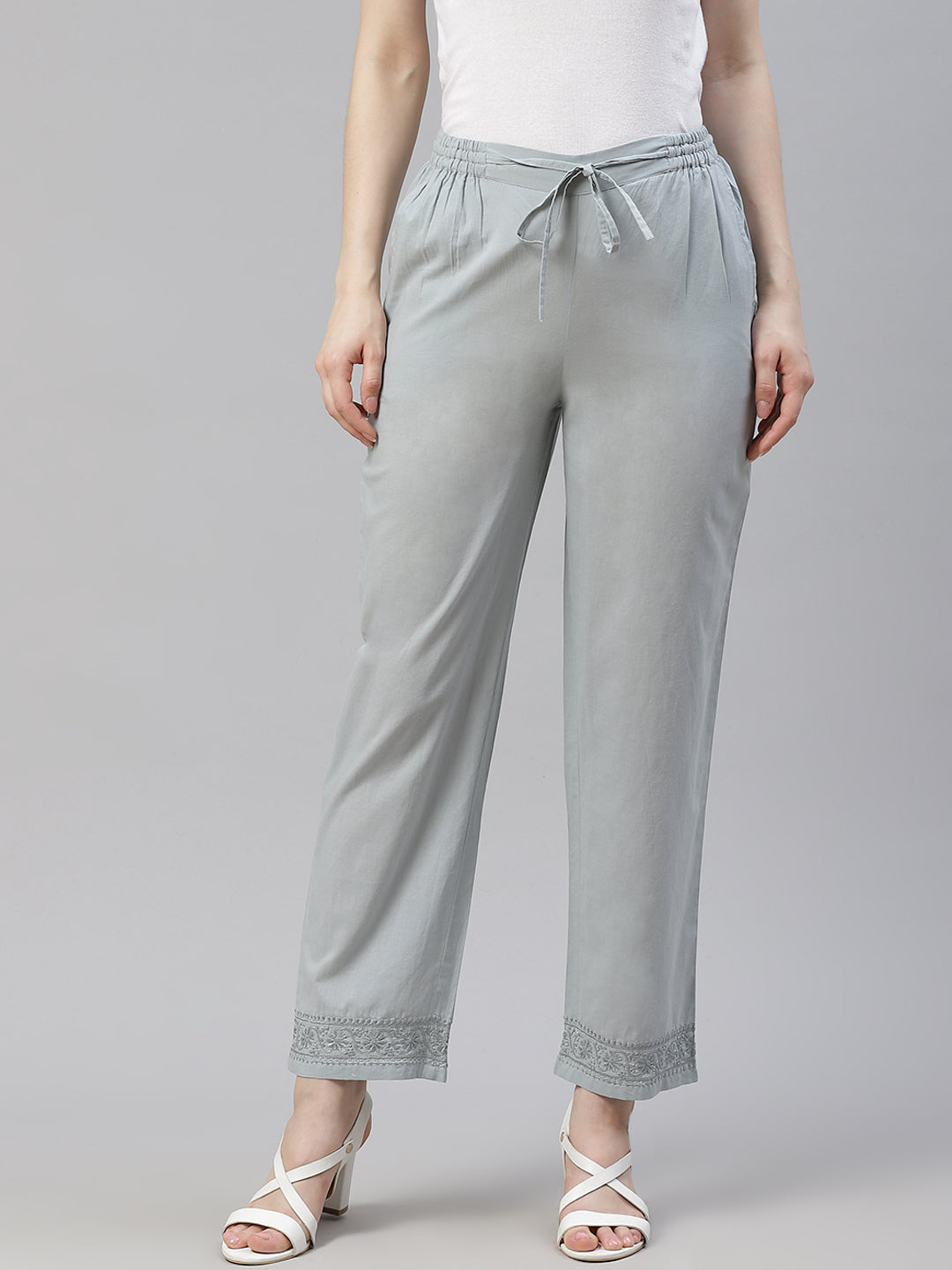 Grey Cotton Chikankari Pants