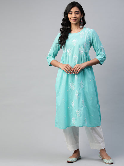 Sky Blue Long Kurta with Gathers