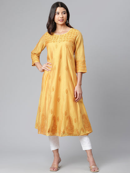 Mustard Pure Chanderi Silk Chikankari Kurta