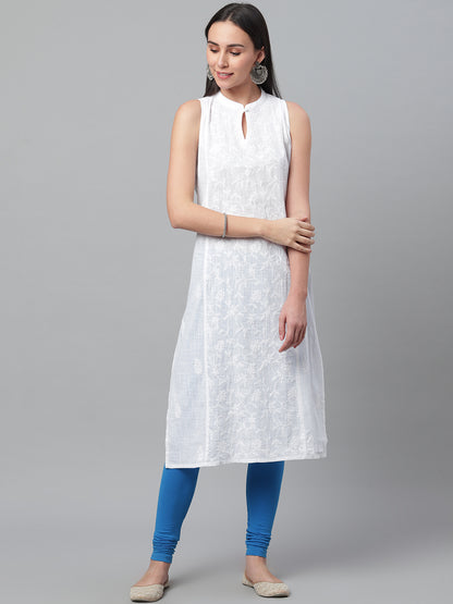 White Cotton Chikankari Kurta with Mandarin Collar