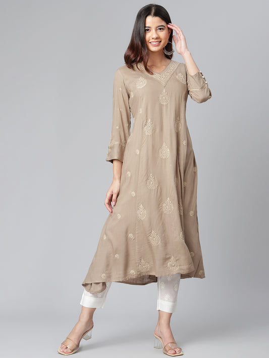 Rayon Chikankari Beige Flared Kurta