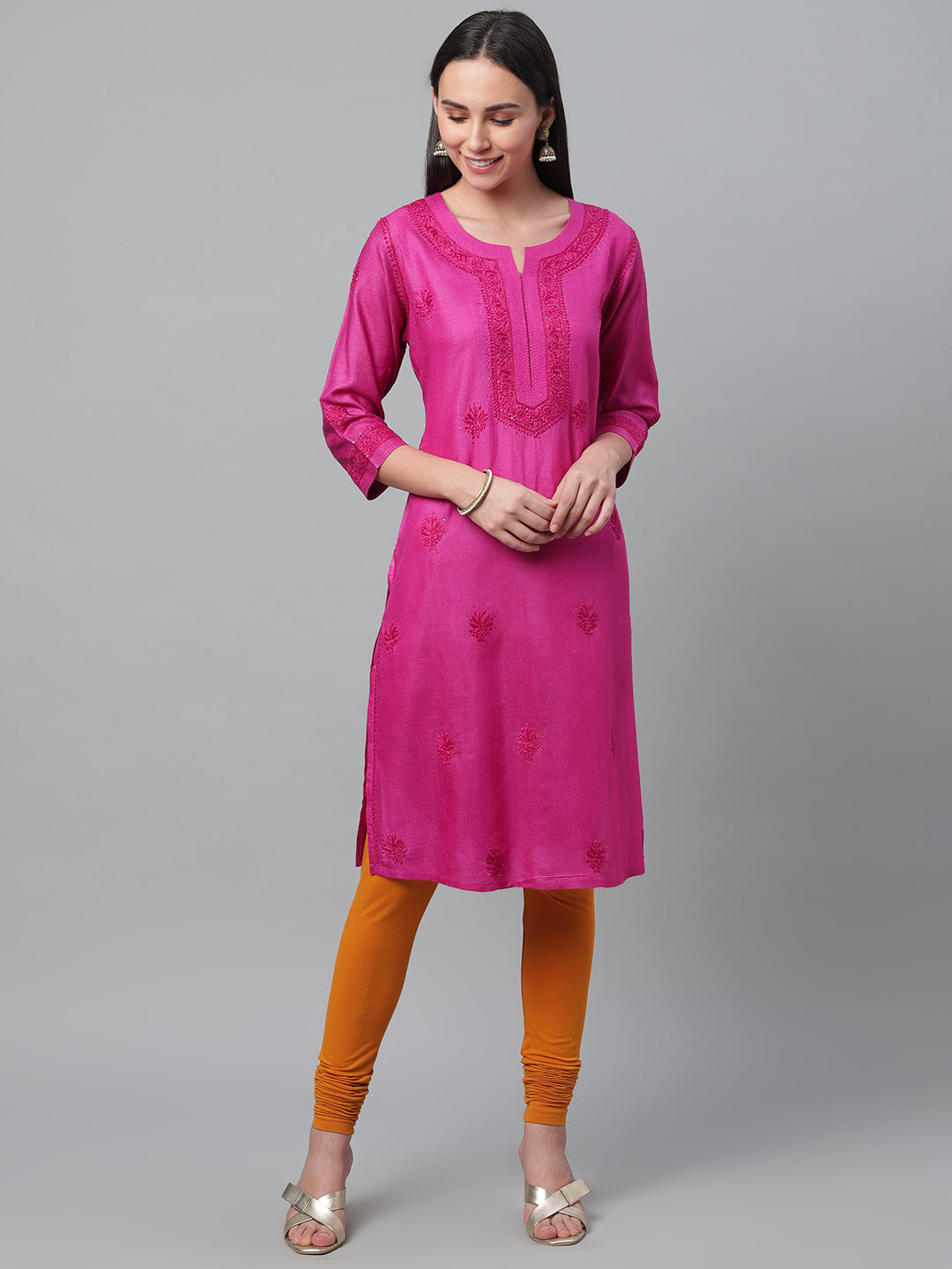 Magenta Pure Silk Kurta with Embroidered Neckline
