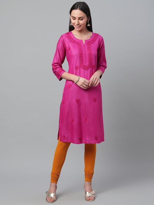 Magenta Pure Silk Kurta with Embroidered Neckline