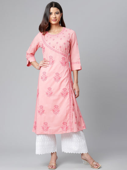 164 Pink Chikankari Angarkha with Tie-ups