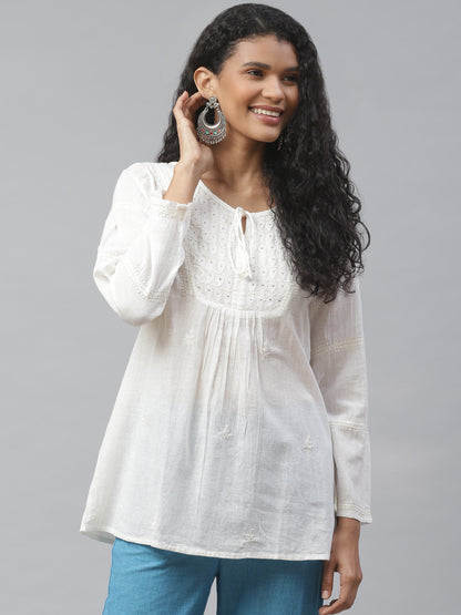 Off White Chikankari Top with Tie-Ups