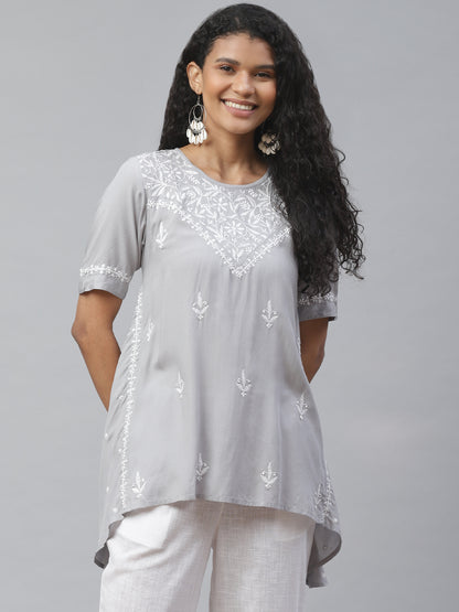 Grey Assymetric Chikankari Top
