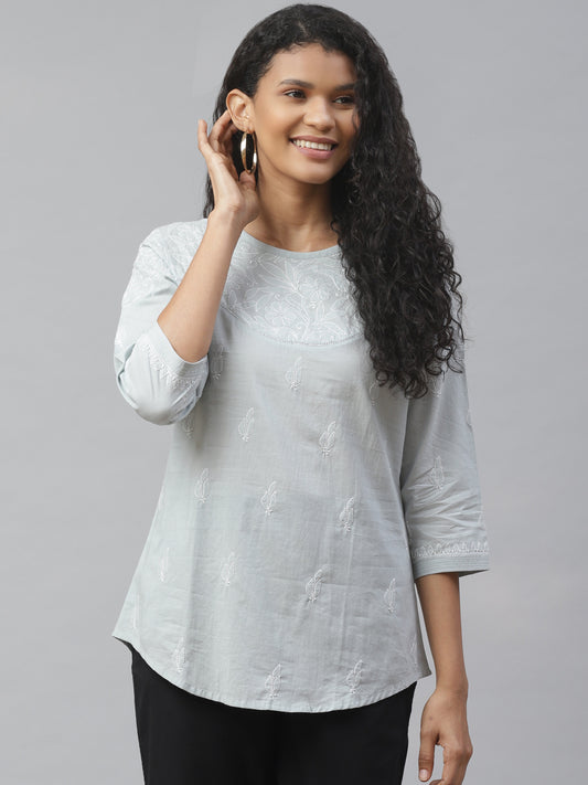 Grey Lace Yoke Embroidered Top