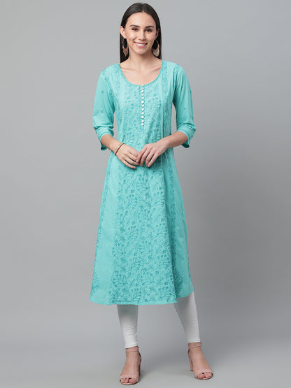 Turquoise A-Line Chikankari Kurta