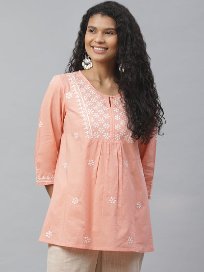Peach Chikankari Gathered Top