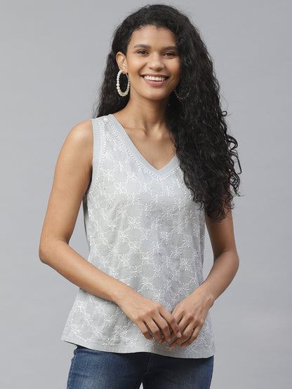 Grey V-Neck Embroidered Sleeveless Top