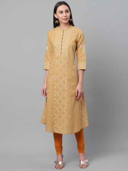 Beige and White A-Line Chikankari Kurta