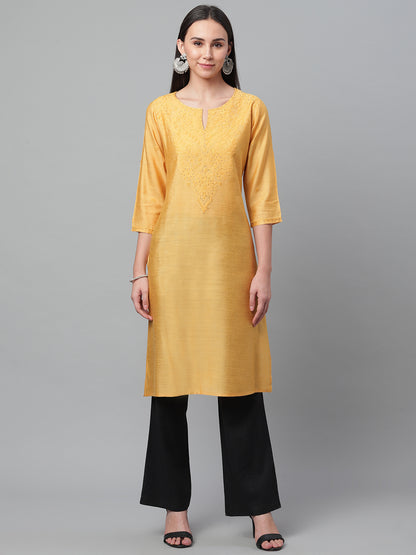Mustard Pure Silk Chikankari Kurta