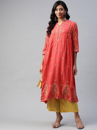 Red Rayon Flared Chikankari Kurta