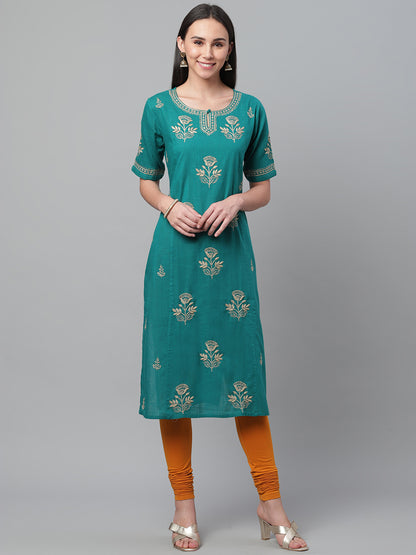 Teal & Beige Cotton Chikankari Kurta