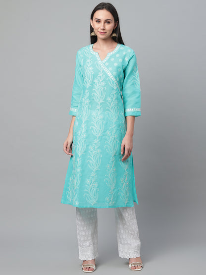Turquoise Chikankari Embroidered Angarkha