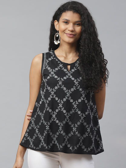 Black Sleeveless A-Line Chikankari Top
