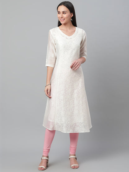 Off-White Chikankari Silk A-Line Kurta