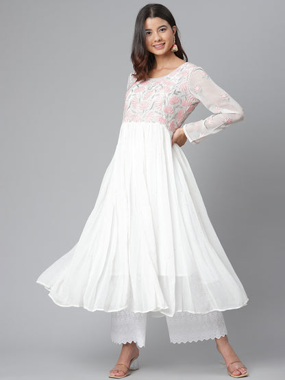 White Georgette Hand-Embroidered Flared Kurta
