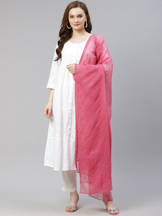 Pink Chikankari Kota Silk Dupatta