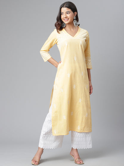 Yellow V-neck Chikankari Kurta