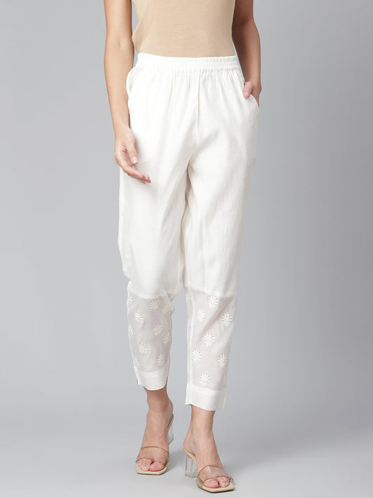 Off White Embroidered Chanderi Pants