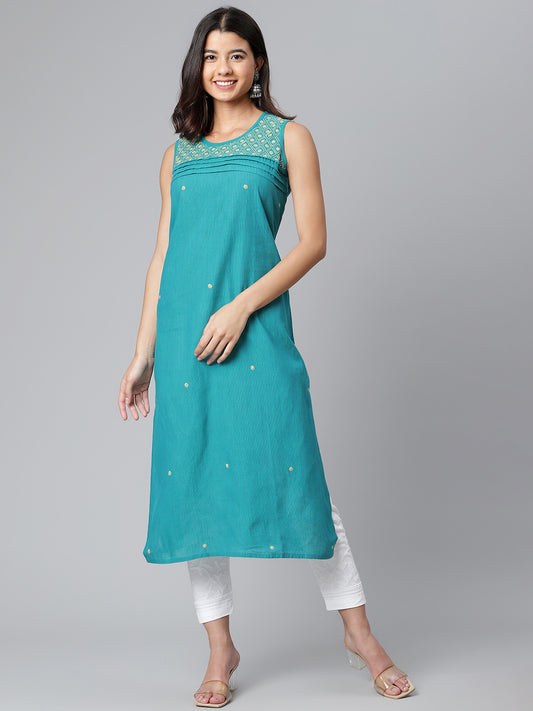 Teal Self-Striped Chikankari Kurta
