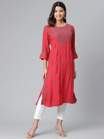Rayon Red Chikankari Kurta