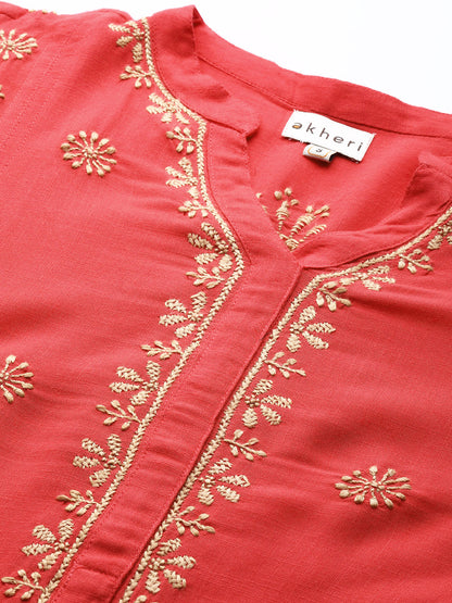 Red Rayon Flared Chikankari Kurta