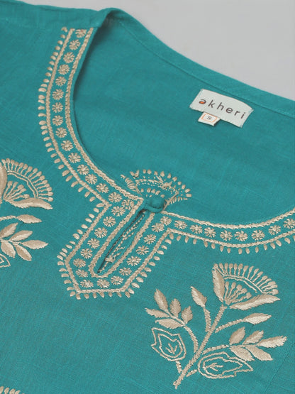 Teal & Beige Cotton Chikankari Kurta
