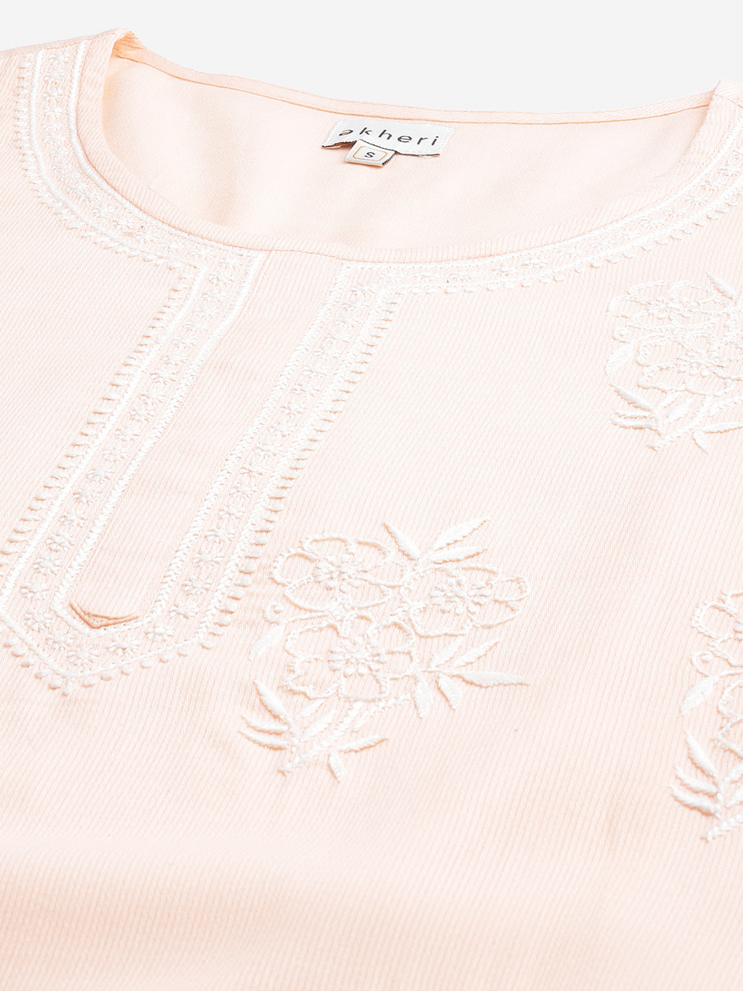 Peach Self Striped Kurta with Off-White Embroidery